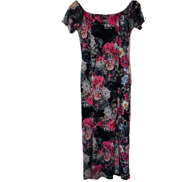 Black Pink Floral Bodycon Maxi Mesh Dress Spring Easter Long Pullover SZ M - Picture 3 of 10